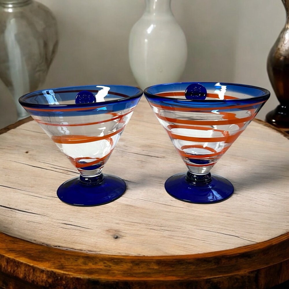 Kosta Boda Handblown Royal Caribbean Martini Dessert Glass Orange Swirl Blue UVA
